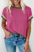 Retro Vibe Contrast Trim Corded Knit Short Sleeve Top